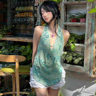 KLIOU 森系梦幻少女风亮片装饰荡领挂脖背心女不规则显瘦露背上衣