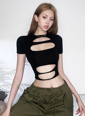 KLIOU 心机辣妹风设计感黑色镂空短袖T恤女个性显瘦修身百搭上衣