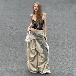 KLIOU 时尚潮流设计感网纱吊带背心显瘦高腰假两件休闲裤两件套女