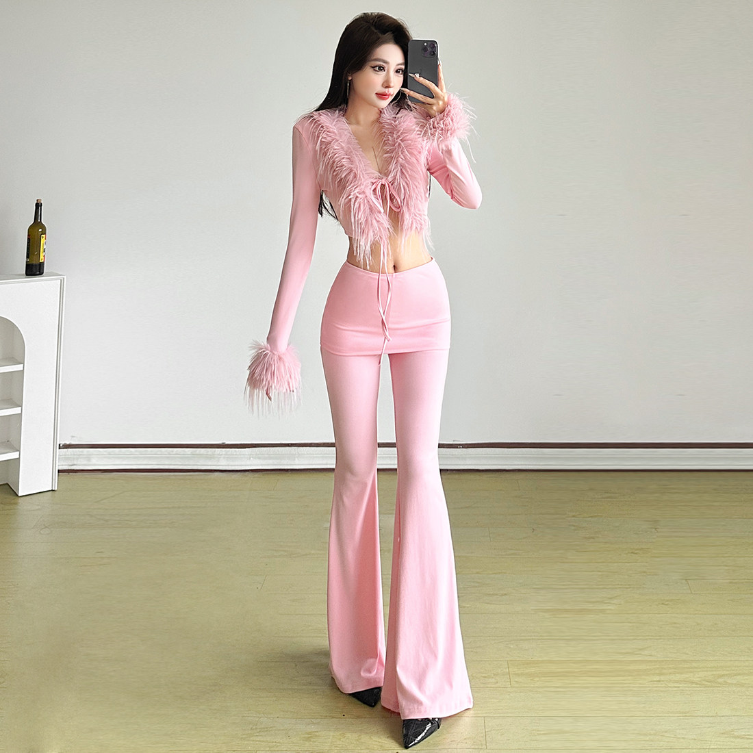 KLIOU 甜辣减龄俏皮感粉色毛毛拼接系带长袖T恤显瘦高腰休闲裤潮,女装/女士精品,时尚套装,淘宝优惠券,粉丝福利购,淘宝优惠卷