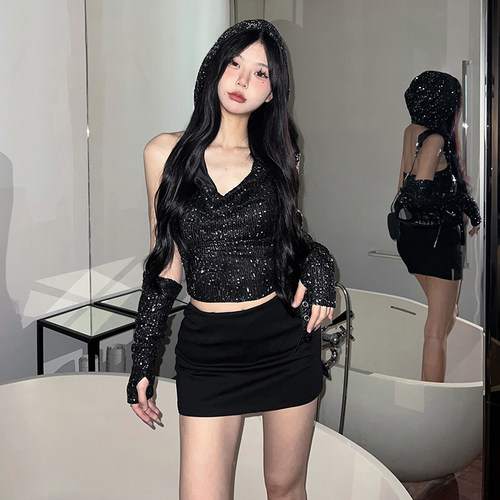 又A又飒黑色亮片连帽背心