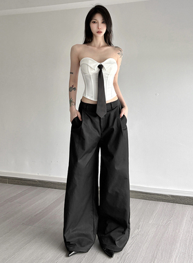 KLIOU 甜酷rap设计感翻边抹胸背心显瘦高腰休闲西装裤时尚套装潮