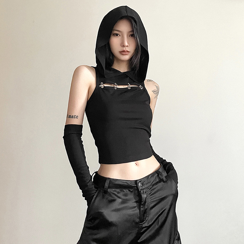 KLIOU 酷飒个性废土风黑色镂空连帽背心带袖套设计感修身显瘦上衣,女装/女士精品,背心吊带,淘宝优惠券,粉丝福利购,淘宝优惠卷