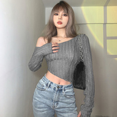 显瘦露肩打底衫 KLIOU 罩衫 秋款 纯欲小心机辣妹短款 黑色T恤女长袖