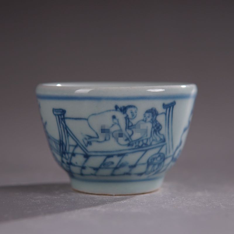 仿古晚清民窑青花人物合欢杯茶杯古玩古董陶瓷器老货收藏品茗杯