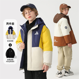 Jeep男童羽绒服冬季新款保暖加厚拼色潮酷户外中大童棉服两件套