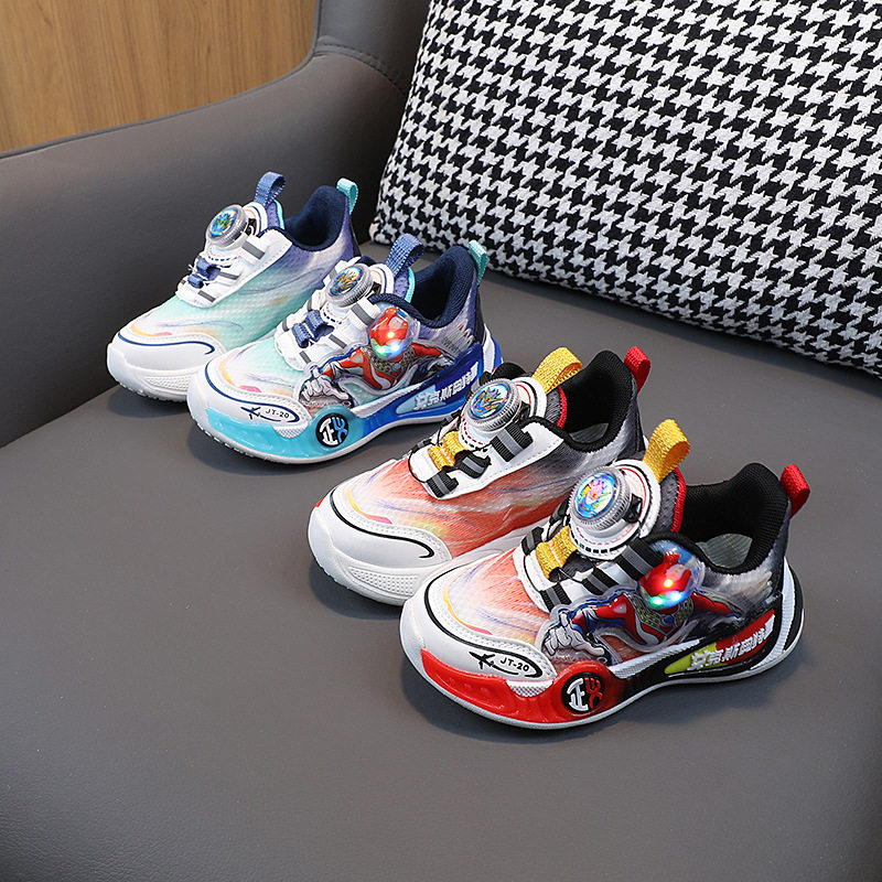 旋转扣男童轻便运动鞋亮灯儿童跑步鞋2026春秋新款网面透气篮球鞋