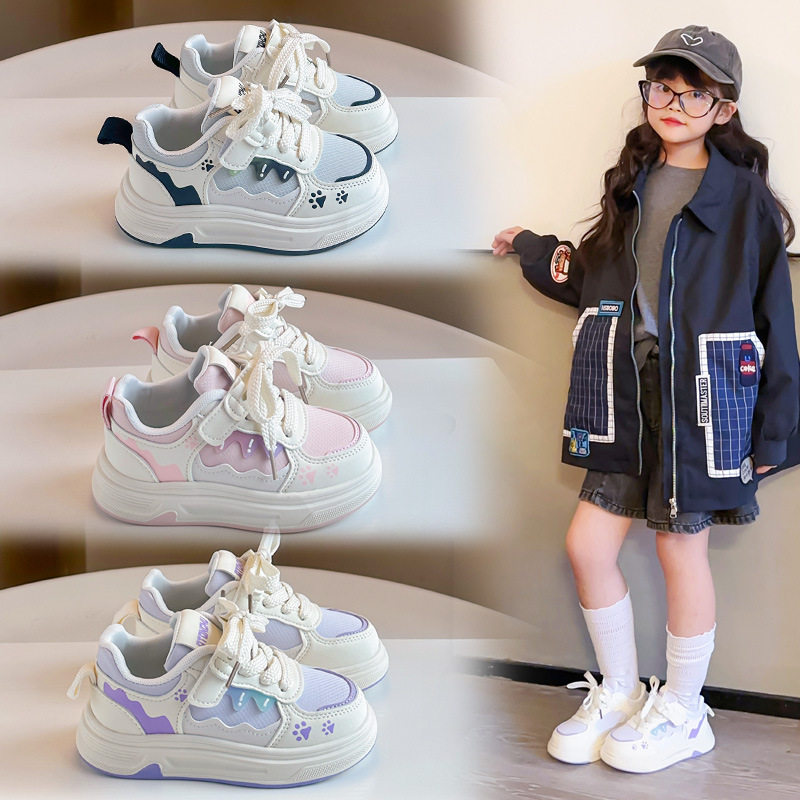 女童运动鞋学生小白鞋女孩平底板鞋春季儿童卡通软底休闲鞋时尚女