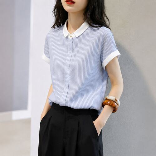 蓝色条纹设计感短袖衬衫女夏季