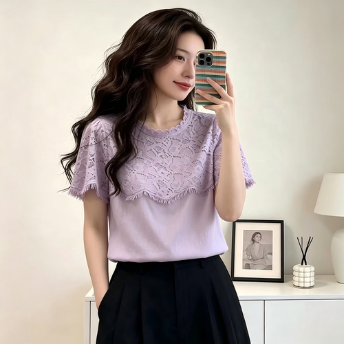 紫色蕾丝拼接圆领短袖T恤上衣女
