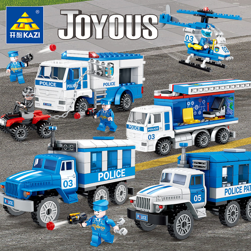 开智积木男孩益智力拼装警车玩具儿童警察小颗粒拼插汽车模型拼图
