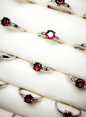 天然戒面级石榴石戒指圈口S925