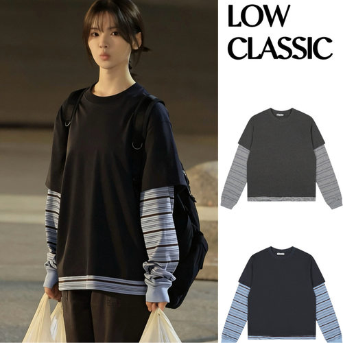 韩国小众潮牌LOW CLASSIC假两件长袖T恤拼接条纹圆领卫衣上衣女潮