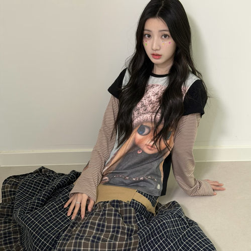 韩国小众潮牌Coyseio联名blythe小布娃娃条纹假两件长袖T恤上衣女