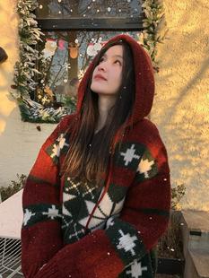 韩国东大门一枝南南同款圣诞氛围雪花复古毛衣开衫连帽外套