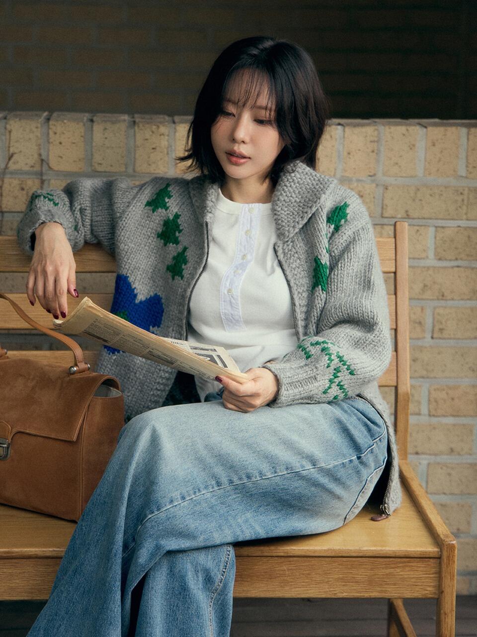 博主同款韩国圣诞费尔岛毛衣花朵提花羊毛翻领针织外套