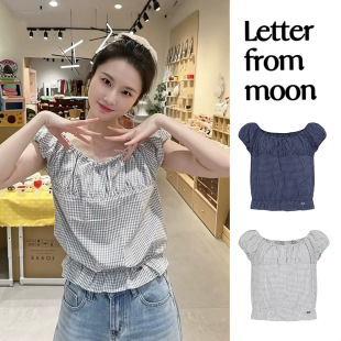 韩国小众Letter from moon张慧雯同款方格收腰泡泡袖短袖上衣女夏