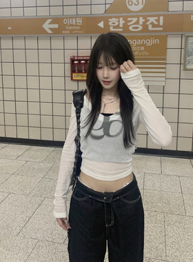 Ason纯欲风logo印花微透短款长袖修身显瘦性感韩系小众T恤上衣