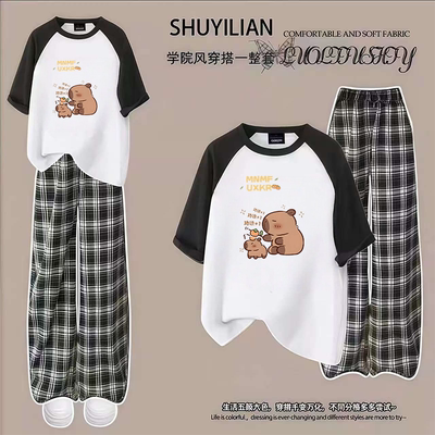 新中式夏季中大童T恤格子套装