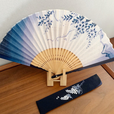 「京都和风」日本京都白竹堂扇子刺绣扇袋 蓝染 蓝花紫藤扇子套装