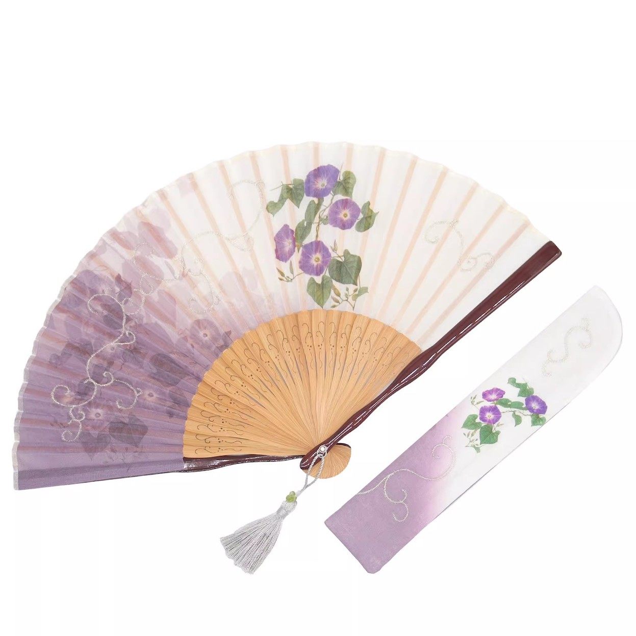 「京都和风」 日本进口 白竹堂 折扇扇子套装刺绣扇袋 花物语朝颜