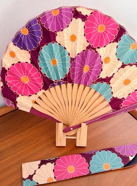 现货！日本进口 夏季和风淑女布贴折扇贝形折扇套装 大菊