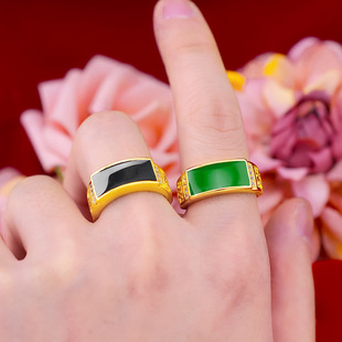 18K黄金色男款老板戒指 999真金色金版绿发戒指镶嵌指环