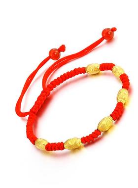 纯手工编织本命年转运珠路路通18K黄金色红绳手链椭圆金珠礼物