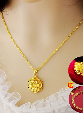 玫瑰花18k黄金色项链 转运珠999真金色吊坠四叶草百搭金项链