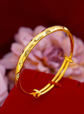 18K黄金色手镯 元宝999真金色实心古法推拉金工女款可调节金手镯