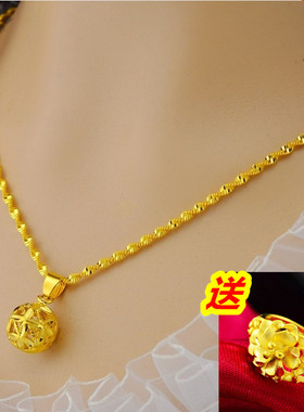 18k黄金色项链百搭女款防过敏水波纹链锁骨999真金色吊坠项链