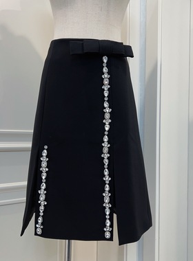 私藏款 订制奥地利水钻醋酸面料 手工镶钻 开叉半身裙