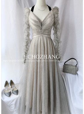 ECHO特~澳洲贵妇pai 优雅赫本风V领绑带波点植绒网纱连衣裙礼服