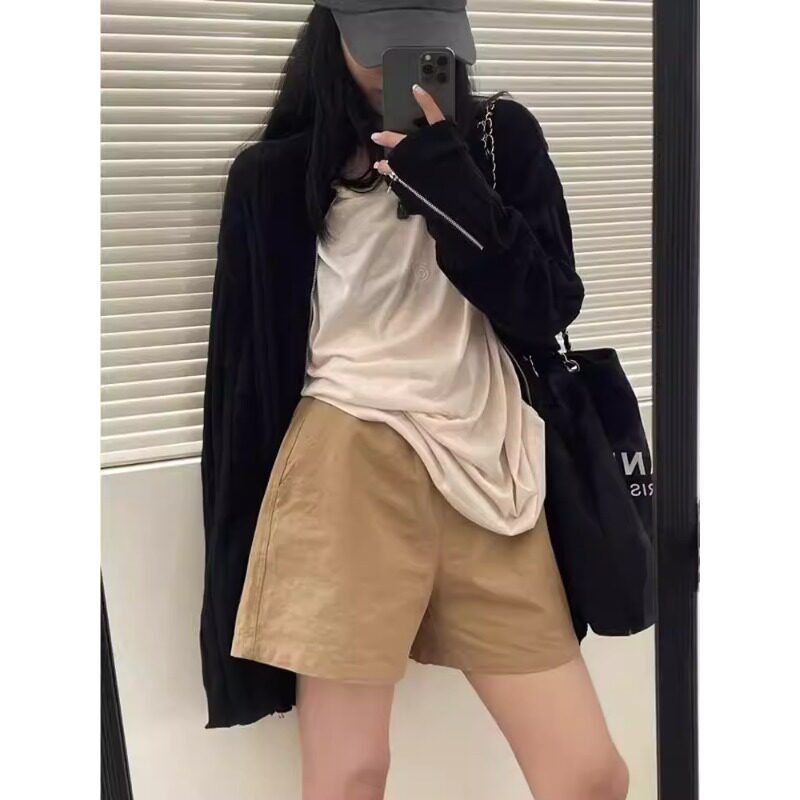 日系工装短裤女夏季小个子高腰百搭显瘦外穿a字阔腿裤直筒中裤子