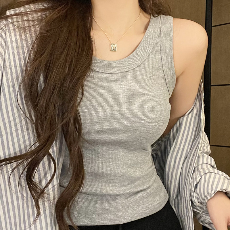 灰色小吊带背心女夏季辣妹修身螺纹内搭打底衫宽肩带外穿无袖上衣