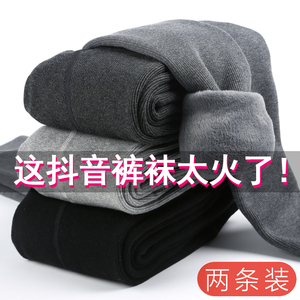 螺纹裤灰色打底裤女加厚加绒内外穿连裤袜保暖棉裤秋裤秋冬季竖纹