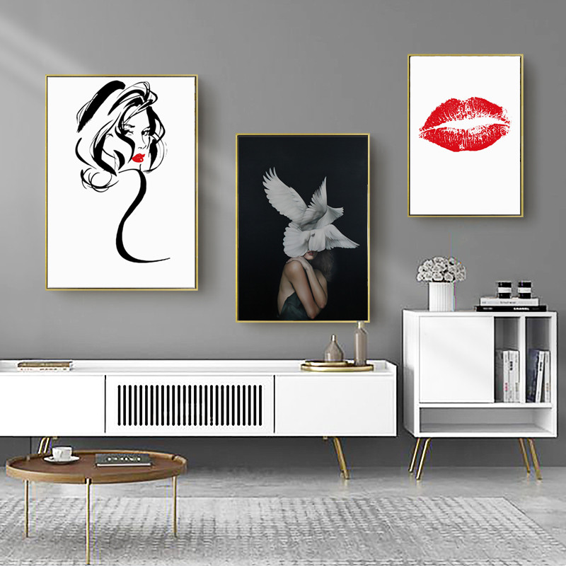 客厅装饰画现代简约黑白美女羽毛红唇美容院餐厅卧室北欧风格挂画