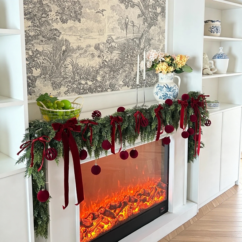 圣诞节装饰品客厅壁炉布置仿真松针藤条丝带小灯笼氛围感创意摆件