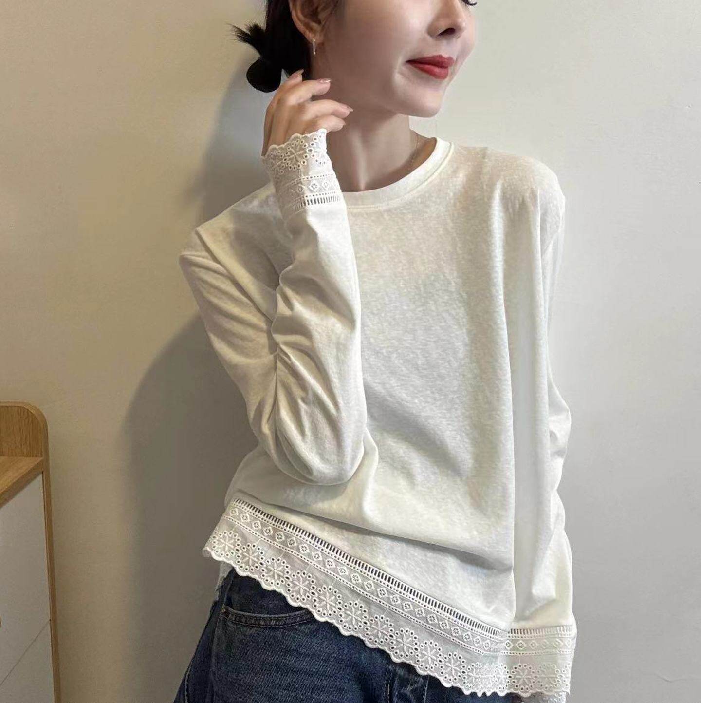 白色长袖t恤女打底衫2026新款春季欧货拼接蕾丝纯色圆领内搭上衣