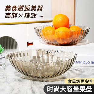 轻奢条纹果盘透明颜值精致点心盘桌面茶几加大加厚零食收纳蔬果盆