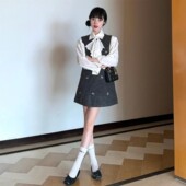 衬衫 名媛小香风立领泡泡袖 蝴蝶结背心连衣裙女 穿搭一整套装 秋冬季