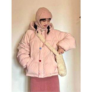 Chic韩系彩色扣粉色连帽面包服外套女冬季新款时尚休闲小个子棉服