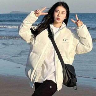 美式潮牌PU皮条纹织带棉服外套女冬季ins韩系加厚保暖面包服