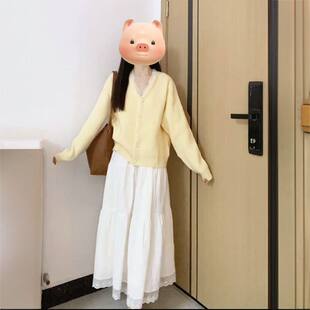 甜美可爱蝴蝶结白色吊带连衣裙女奶黄色针织开衫毛衣外套两件套装