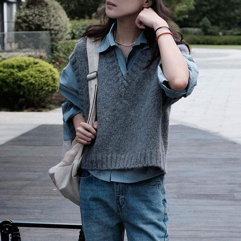 两件套装甜美复古小个子灰色针织衫马甲背心毛衣女学生蓝色衬衫