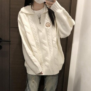 韩版学院风毛茸茸翻领套头毛衣女学生秋冬新款宽松遮肉软糯针织衫