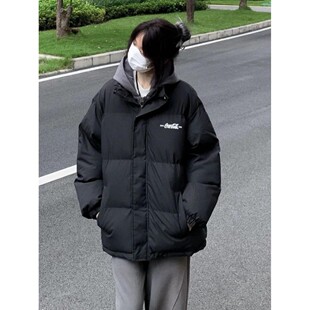 美式复古假两件拼色连帽棉服女冬季新款ins加厚学生宽松棉衣外套