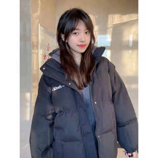 韩版辣妹撞色假两件连帽棉服外套女冬季新款小个子保暖宽松面包服