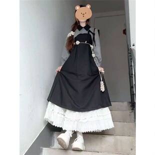 韩版甜美学院风气质收腰长心连衣裙女学生秋冬灰色针织衫两件套
