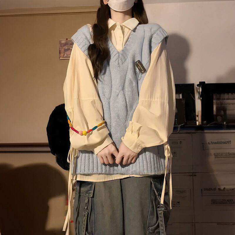 单件套装秋季日系甜美蓝色麻花针织马甲背心毛衣女杏色绑带衬衫